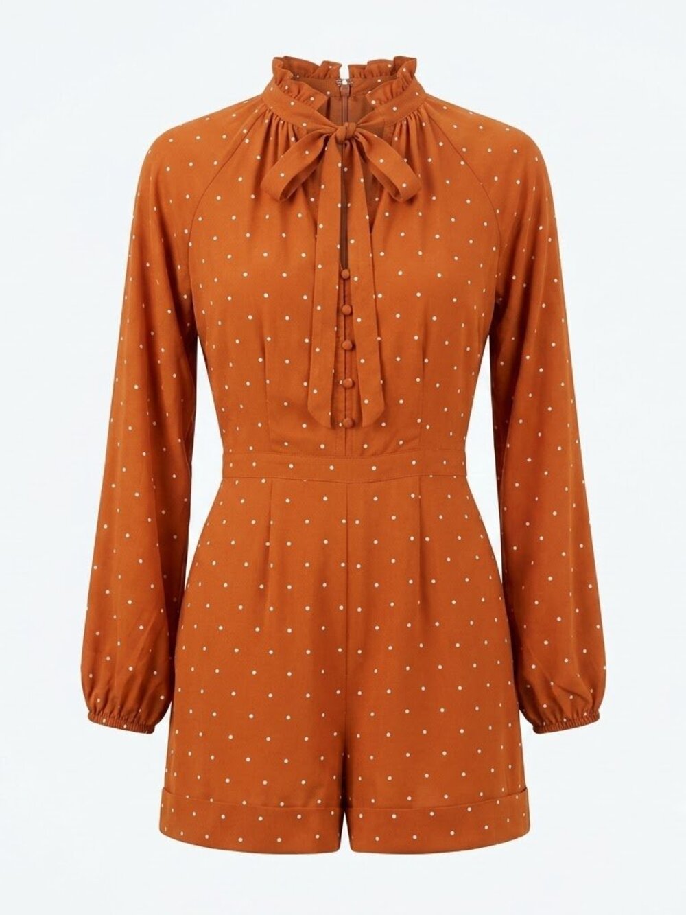 Express x Ladygang Orange Polka Dot Romper 0 Tie Neck Puff Sleeve Boho Keyhole